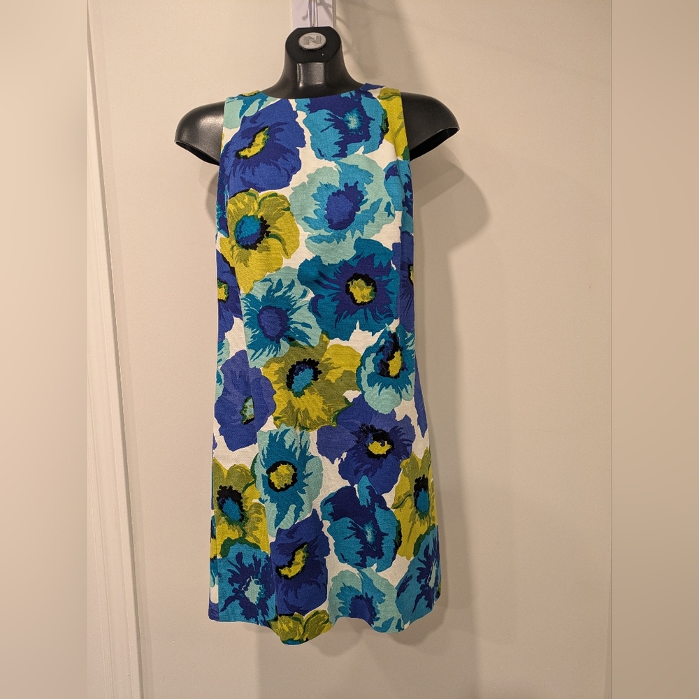 Anne Taylor LOFT vintage floral mini-dress, in chartreuse & blues, US size 2
